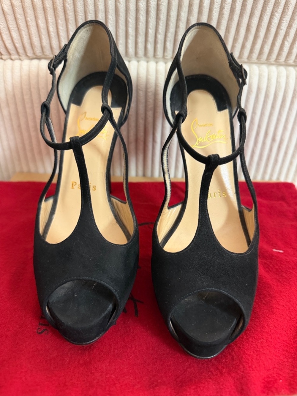 Christian Louboutin Black Suede T-Strap Peep-Toe Pumps